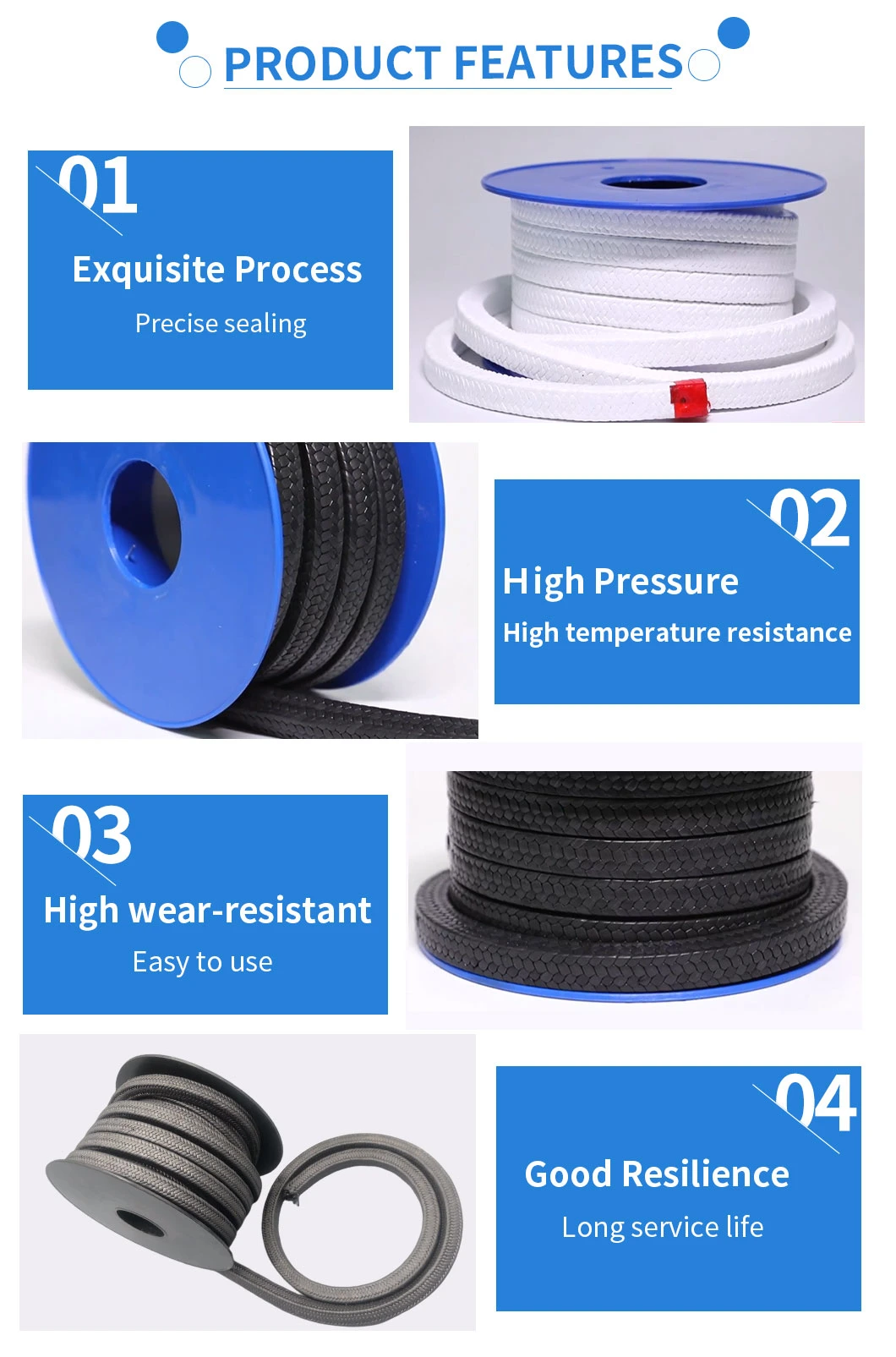 High Quality Gland Braided Packing Pure PTFE Gland Seal Kit for Food, Medicine, Paper Making, Fine Chemical, Water Pump Seal, Valve Stem Seals